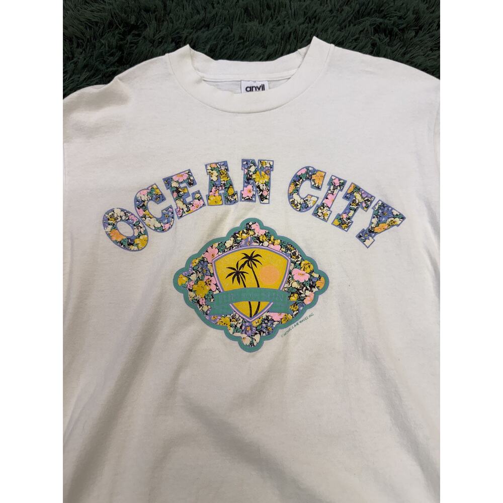 Anvil Ocean City Surf Shack Floral Graphic T-Shirt Women's Size L White Cotton - Picture 2 of 5